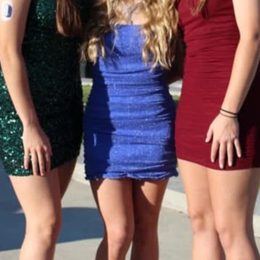 Blue Ruched Sparkly Semi-Formal Dress